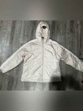 adidas Hooded Puffer Jacket in Beige with White Stripes